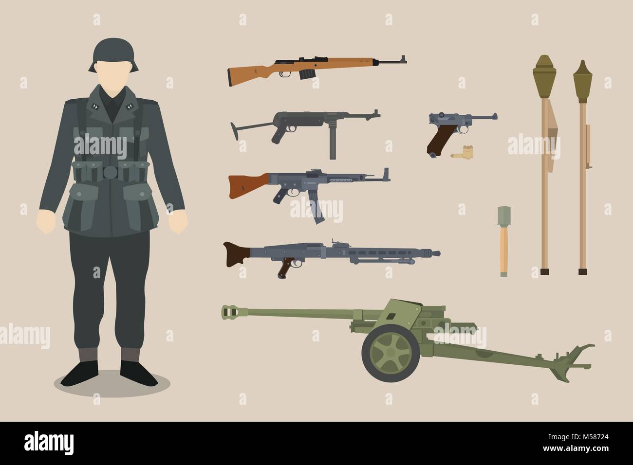 a german ww2 soldier gun equipment with bazooka machine gun pistols artillery vector graphic illustration Stock Vector