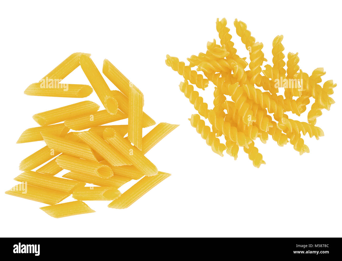Gluten free pasta isolated. Penne rigate and fusilli. Tubes and spirals. Stock Photo
