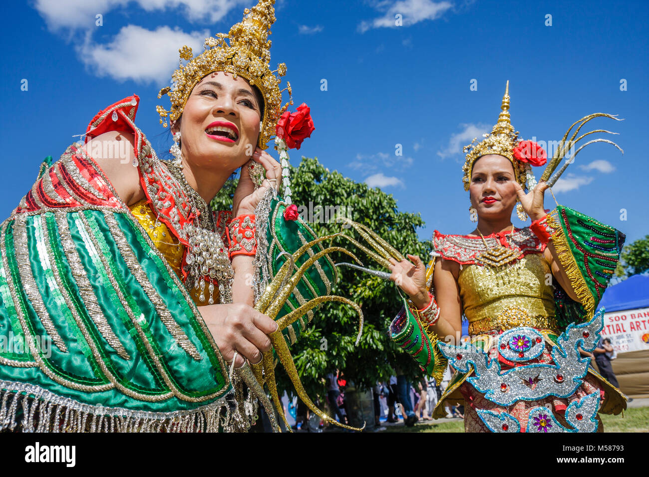 Miami Florida,Homestead,Redlands,Fruit & Spice Park,Asian Culture Festival,festivals fair,Manorah Thai Dancer,Thailand,folk art,gilded crown,embroider Stock Photo
