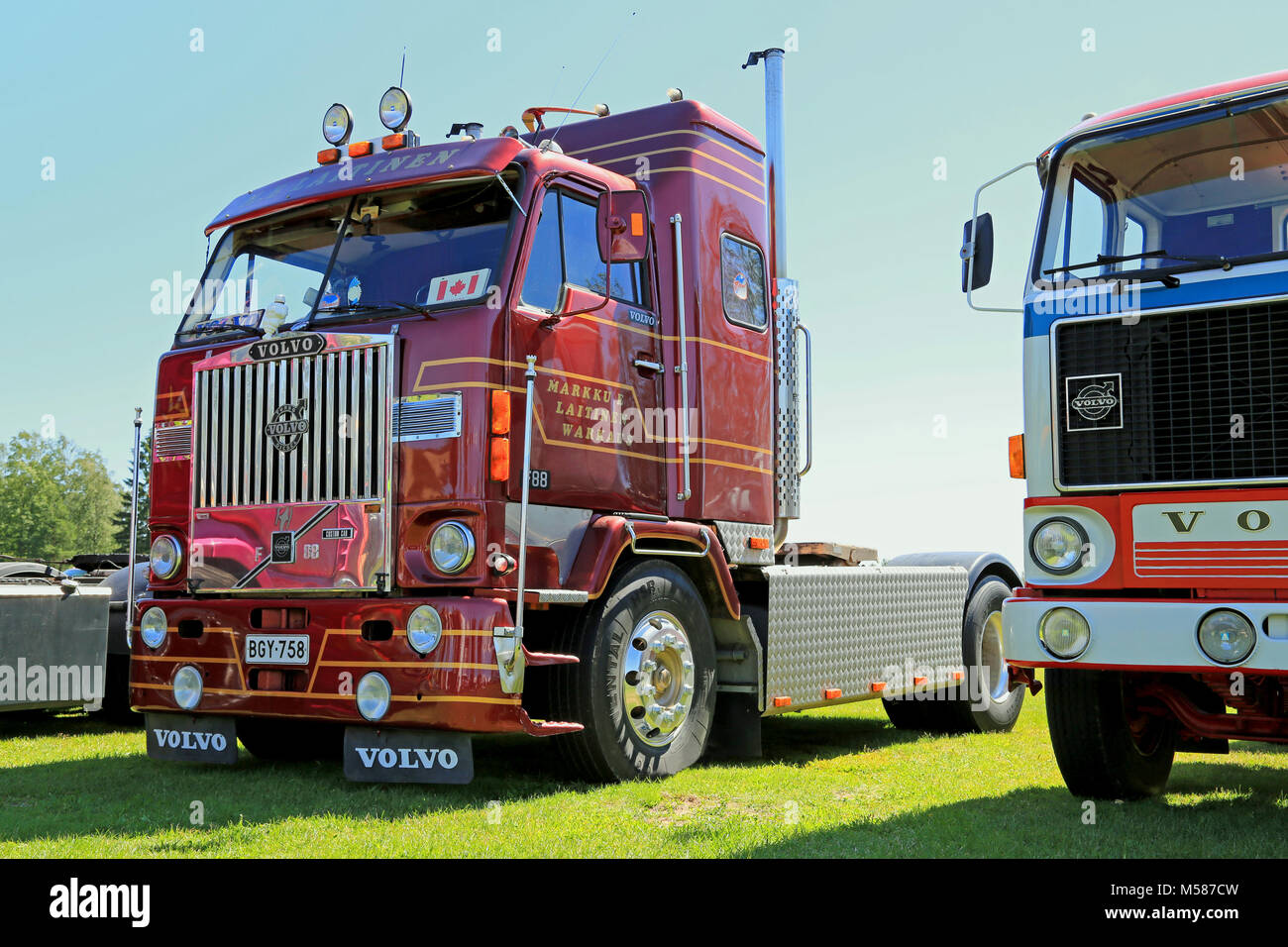 PORVOO, FINLAND - JUNE 28, 2014: Dark red Volvo F88 year 1976 vintage truck on display at Riverside Truck Meeting 2014 in Porvoo, Finland. Stock Photo