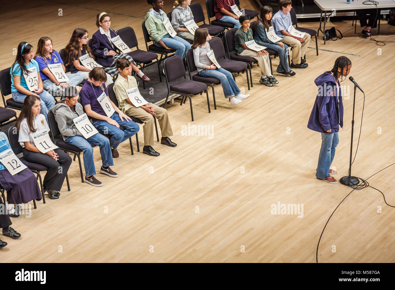 Miami Florida,Arsht Performing Arts Center,The Miami Herald Spelling Bee,test,exam,competition,multicultural,Black African,Hispanic ethnic mix diverse Stock Photo