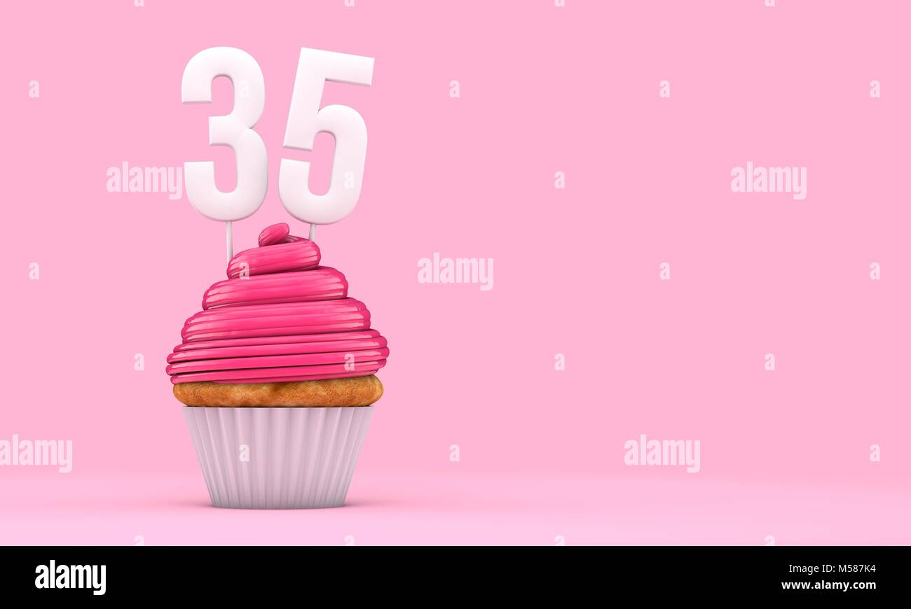 Number 35 pink birthday celebration cupcake. 3D Rendering Stock Photo ...