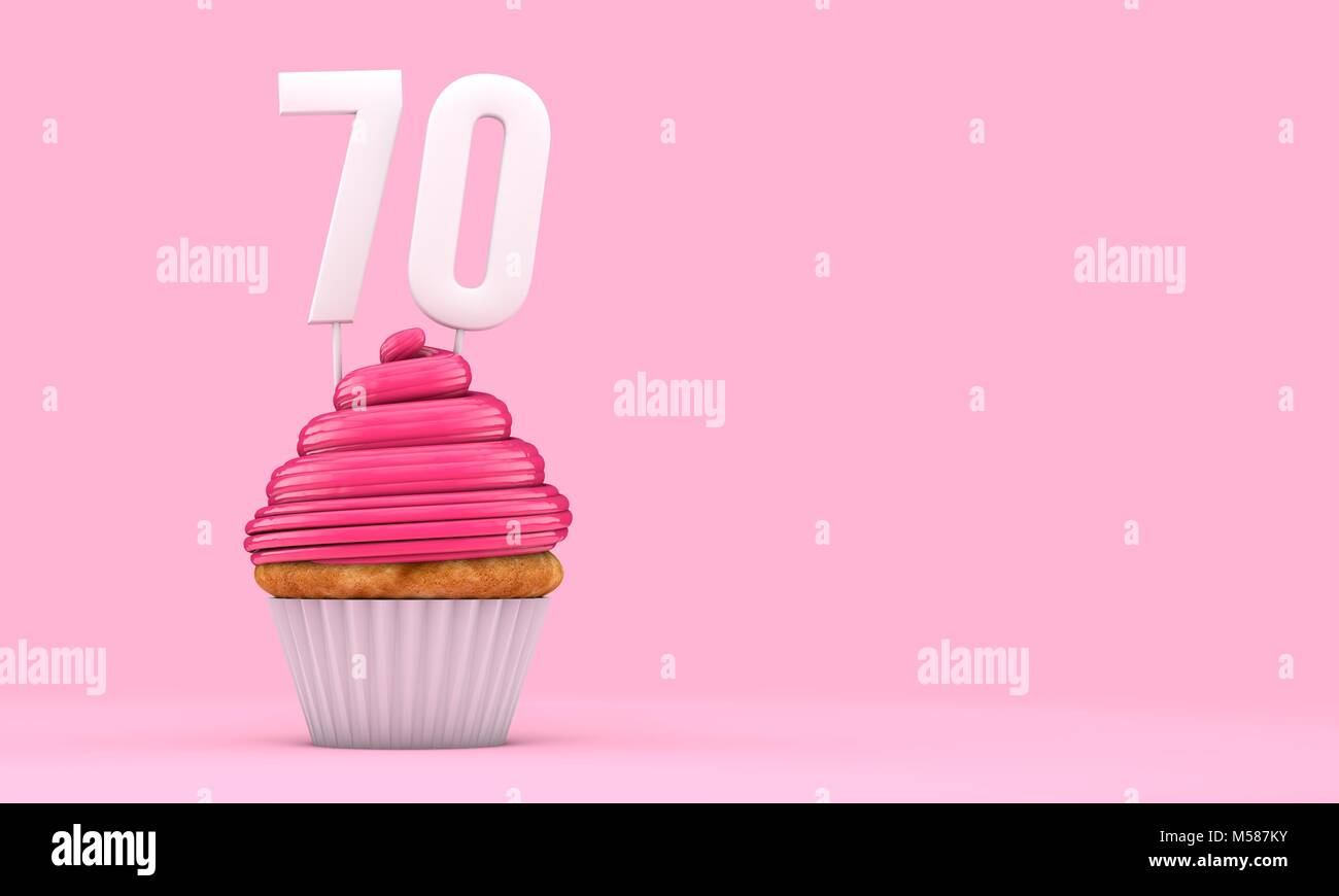 Number 70 pink birthday celebration cupcake. 3D Rendering Stock Photo