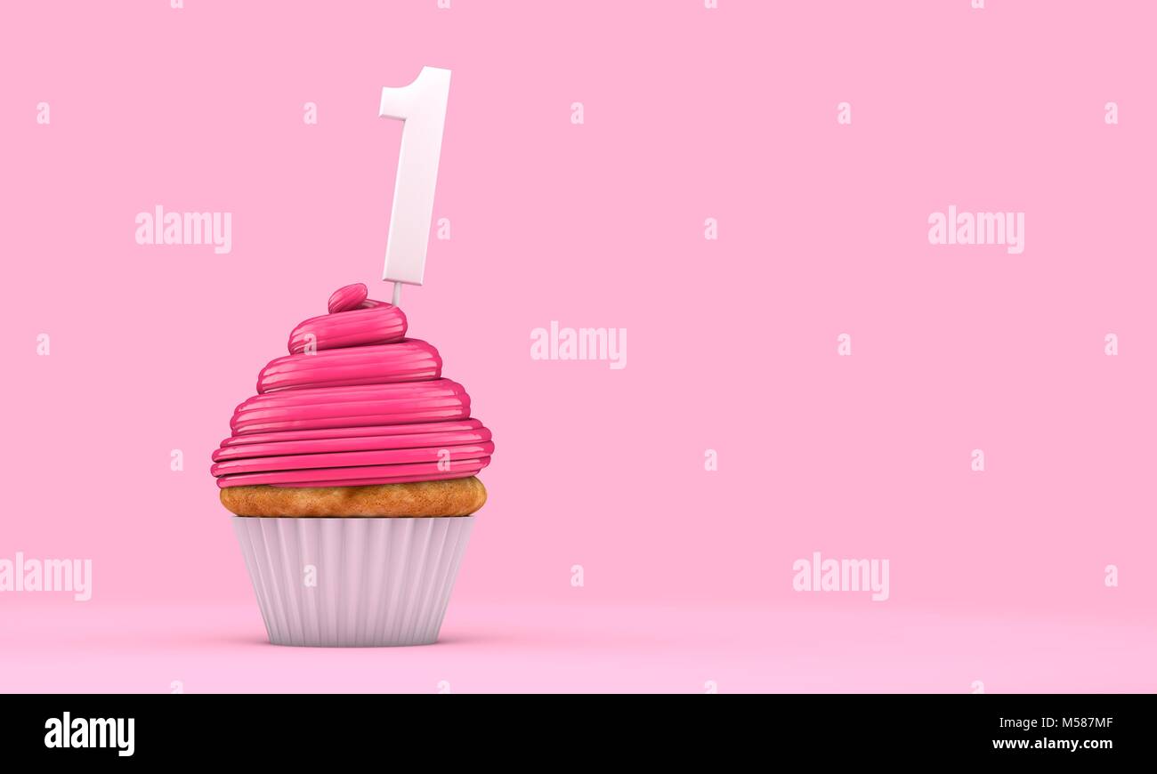 Number 1 pink birthday celebration cupcake. 3D Rendering Stock Photo