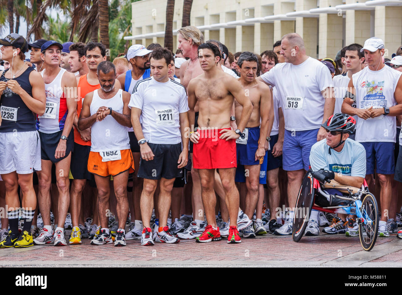 Miami Beach Florida,Ocean Drive,5K Run,community charity,competition,race,sport,fitness,endurance,starting line,wait,anticipation,men,adults,athletes, Stock Photo