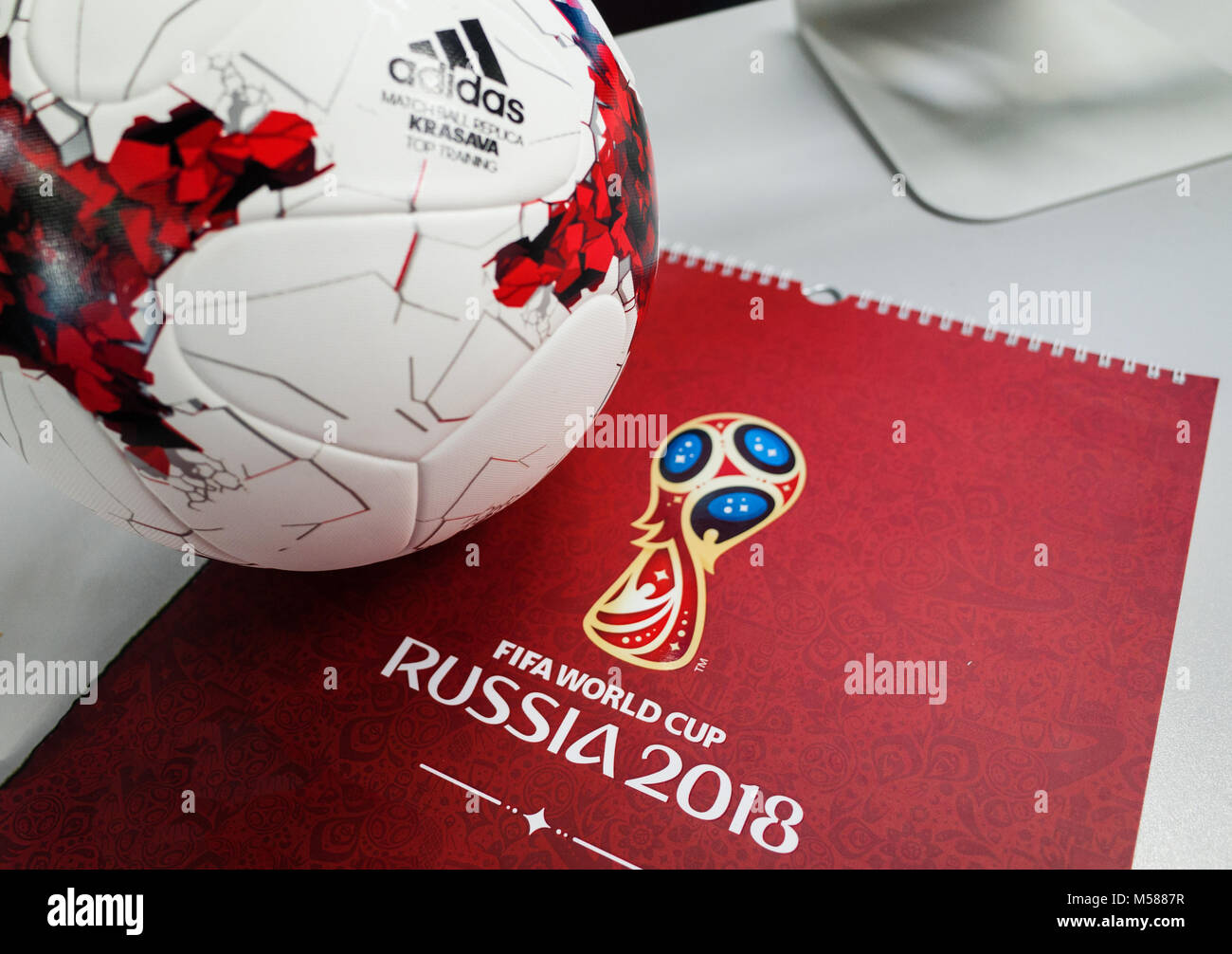 September 14, 2017. Moscow, Russia Official ball of the 2018 FIFA World Cup Adidas  Krasava and a calendar with the symbols of the World Cup 2018 Stock Photo -  Alamy