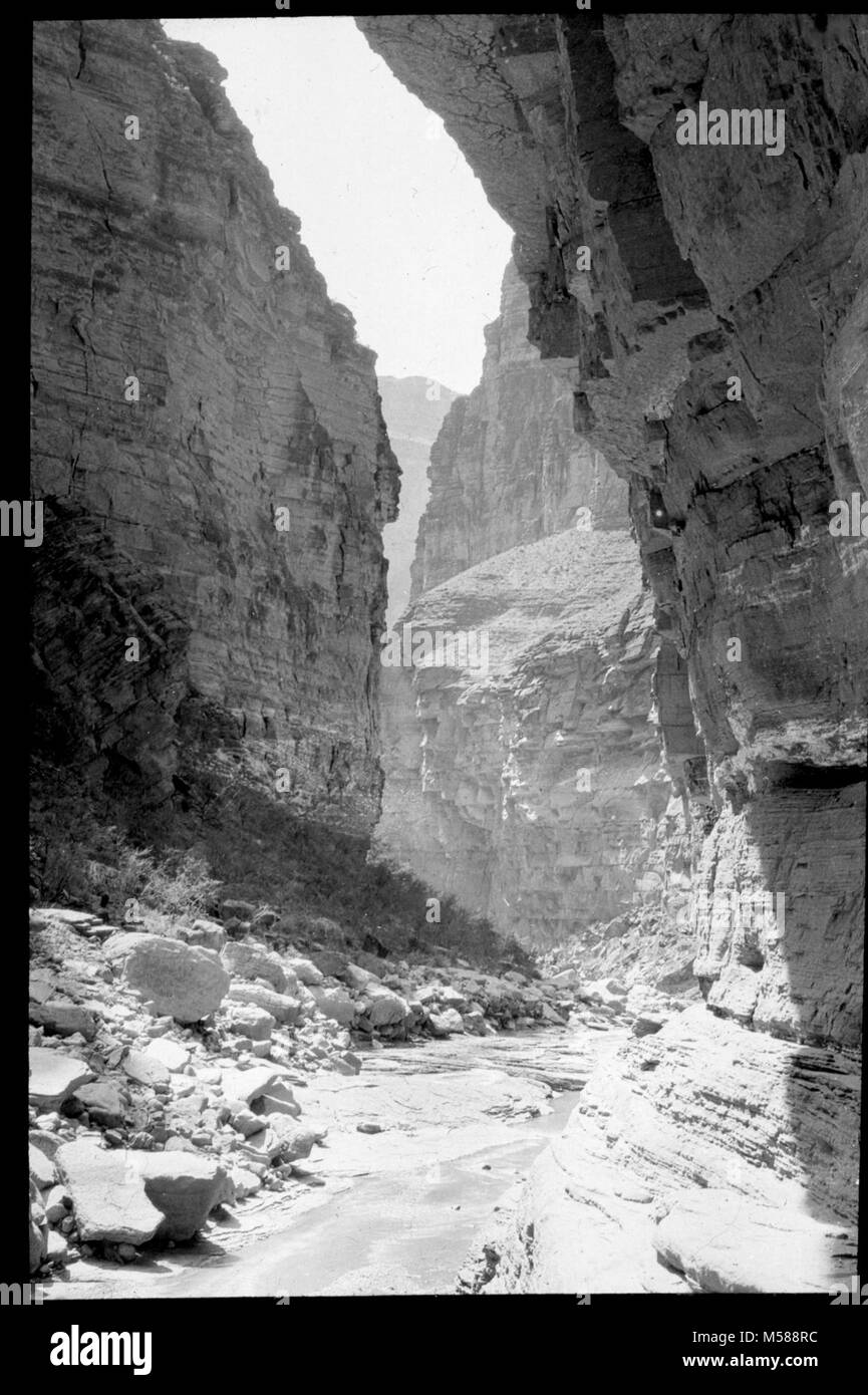 Grand Canyon Matthes Survey of . BLACK AND WHITE GLASS LANTERN SLIDE. LABEL READING 'LOOKING UP KANAB CANYON' (LARUE). USGS LABEL ATTACHED CIRCA 1902. WITH A GROUP OF SLIDES FROM THE MATTHES SURVEY EXPEDITION IN THE GRAND CANYON - CIRCA 1902 Stock Photo