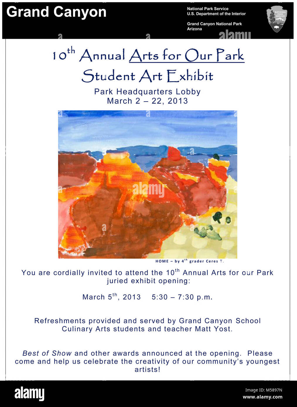 Grand Canyon th Annual Arts for Our Park Student Art. On Exhibit at the Park Headquarters Lobby March 2-22, 2013  This year there were 155 individual pieces of art submitted for the juror's consideration, from which 38 pieces were selected. In addition to the juried exhibit, four seniors from the 2013 Grand Canyon School graduating class will each have curated pieces exhibited.  We were honored to have South Rim January Artist-in-Residence Loren Schwerd, a mixed-media sculptor from New Orleans, and Grand Canyon School alumni (class of 2005) and former Best of Show winner Colette Aspas jury thi Stock Photo