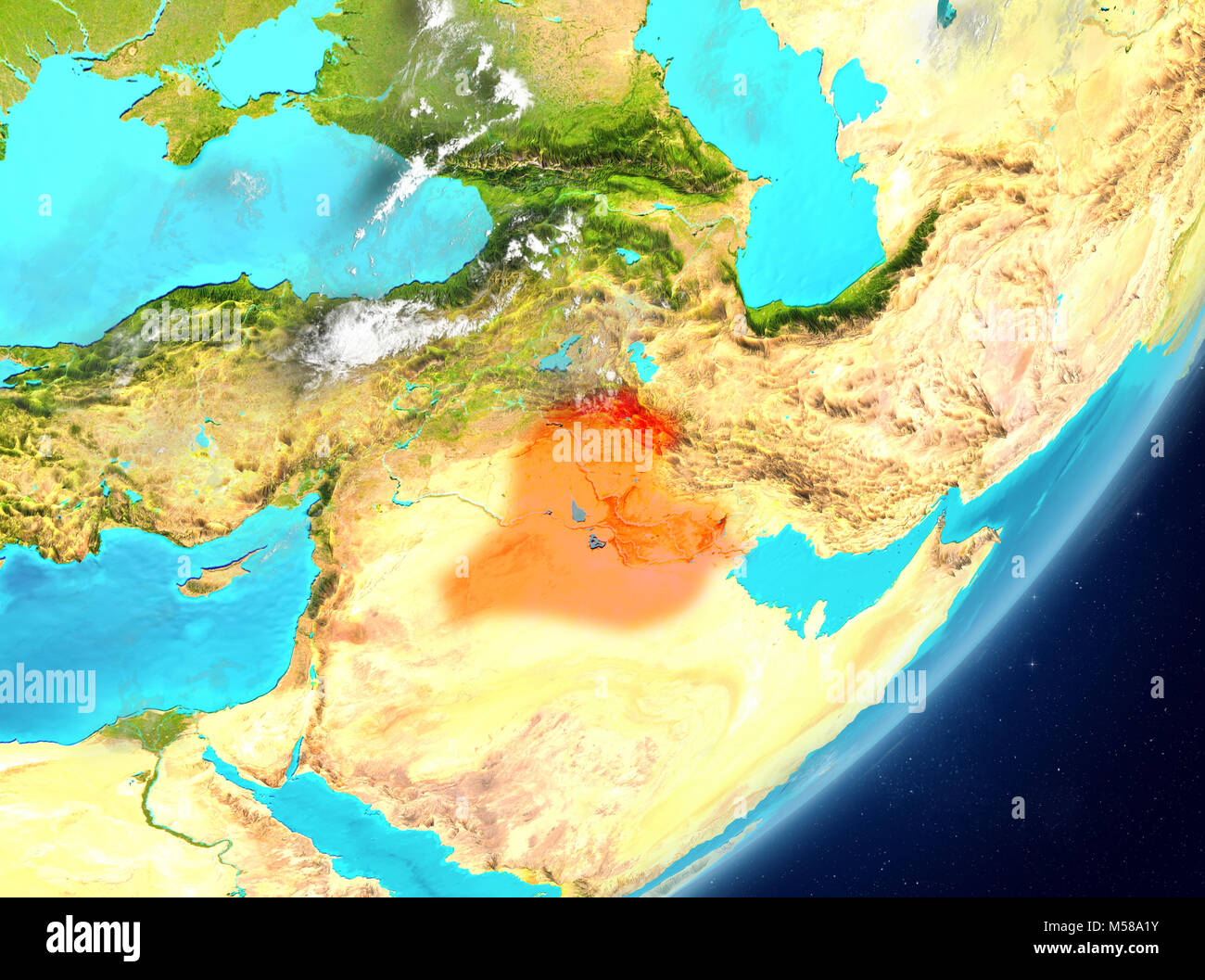 Satellite view of Iraq highlighted in red on planet Earth with clouds. 3D illustration. Elements of this image furnished by NASA. Stock Photo