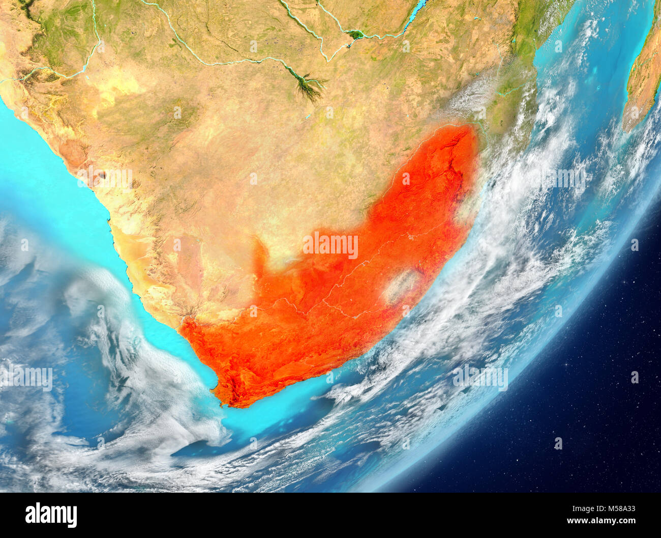 Satellite view of South Africa highlighted in red on planet Earth with ...