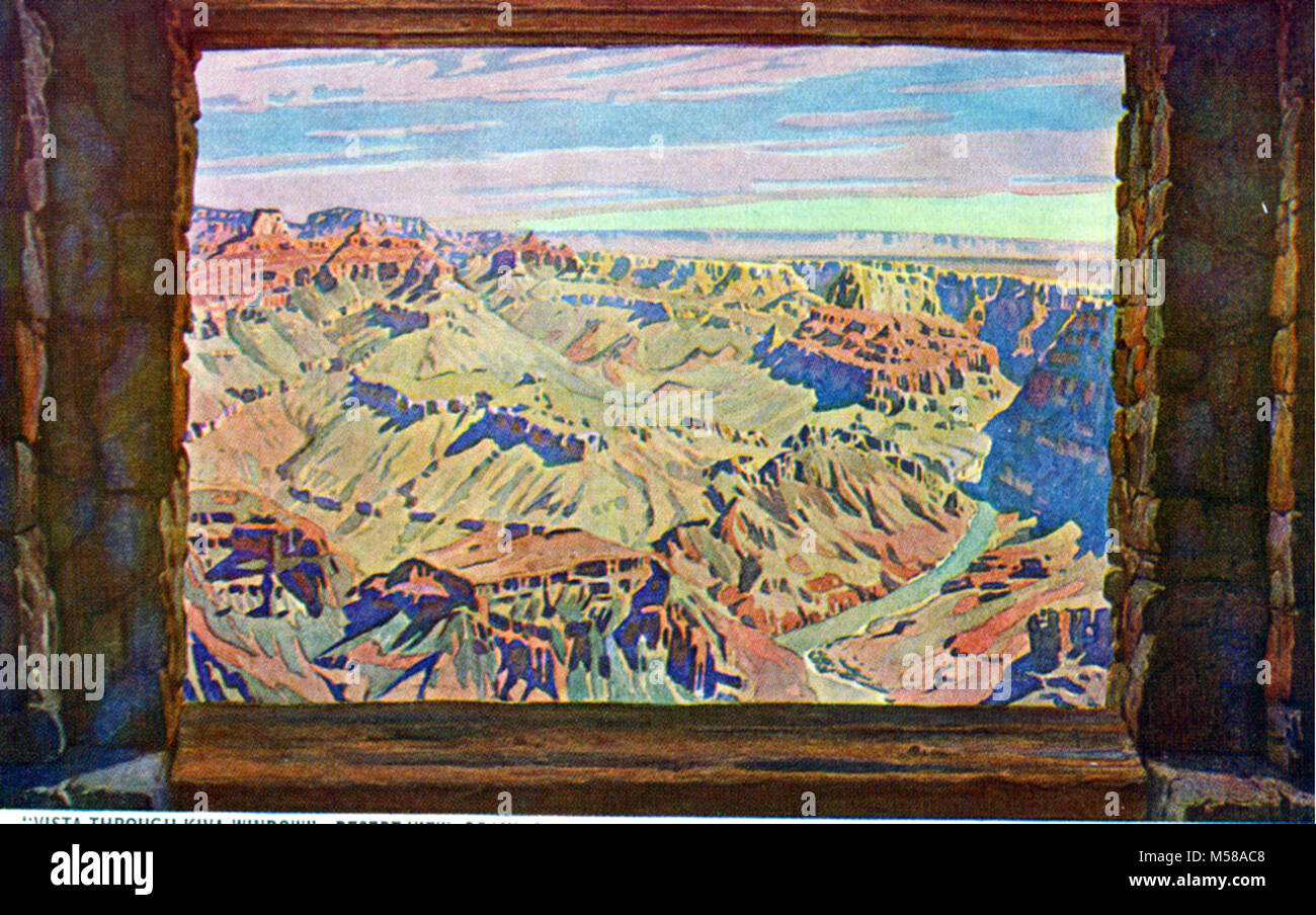 Grand Canyon Nat Park Widforss Postcard H. Each great window of the Kiva at Desert View frames its own individual picture, rivaling in beauty this one chosen by Gunnar Widforss for his painting. Through this window is seen the great Colorado as its course turns northward into Marble Canyon, on to Vermilion Cliffs, with even a glimpse of the Painted Desert in the distance.  One of 10 Grand Canyon postcards from paintings by Gunnar Widforss published in 1932 by Fred Harvey. Stock Photo