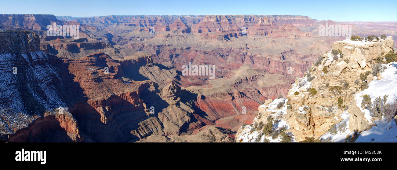 Grand Canyon National Park South Rim   Moran Point . (10,526 x 3776) View from Moran Point (Elevation: 7160 feet / 2182 meters) along Desert View Drive on the South Rim of Grand Canyon National Park.   Geology is a prominent feature at any Grand Canyon viewpoint but at Moran Point three main rock groups are clearly visible.   The Layered Paleozoic Rocks represent the sedimentary rocks that make up most of the Grand Canyon's depth. The Grand Canyon Supergroup represents a significant portion of the canyon's geologic record even though it is only in isolated remnants, visible at only a few spots Stock Photo