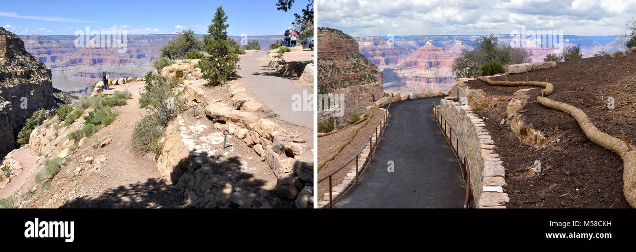 Grand Canyon NP Bright Angel Trailhead Renovation   Rim Trail. Before photo, left, May 2010. After photo, right, May 2013. This was originally the driveway to the Kolb Studio Garage. During the renovation, the Canyon Rim Trail was routed through here, providing a new accessible path from the shuttle bus stop to Kolb Studio.  This renovation encompasses a 3.5 acre area at and surrounding the Bright Angel Trailhead and is focused on creating an accessible and comfortable area for visitors that complements existing historic buildings including the Bright Angel Lodge and Rim Cabins designed by Gra Stock Photo