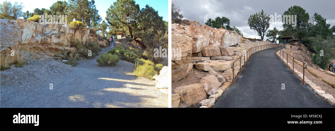 Grand Canyon NP Bright Angel Trailhead Renovation   View Up. Before photo, left, September 22, 2012. This path was once the driveway to the Kolb Studio Garage. After the renovation, the Canyon Rim Trail has been routed through here, providing an a new accessible path from the shuttle bus stop to Kolb Studio. After photo, right, May 08, 2013.  This renovation encompasses a 3.5 acre area at and surrounding the Bright Angel Trailhead and is focused on creating an accessible and comfortable area for visitors that complements existing historic buildings including the Bright Angel Lodge and Rim Cabi Stock Photo