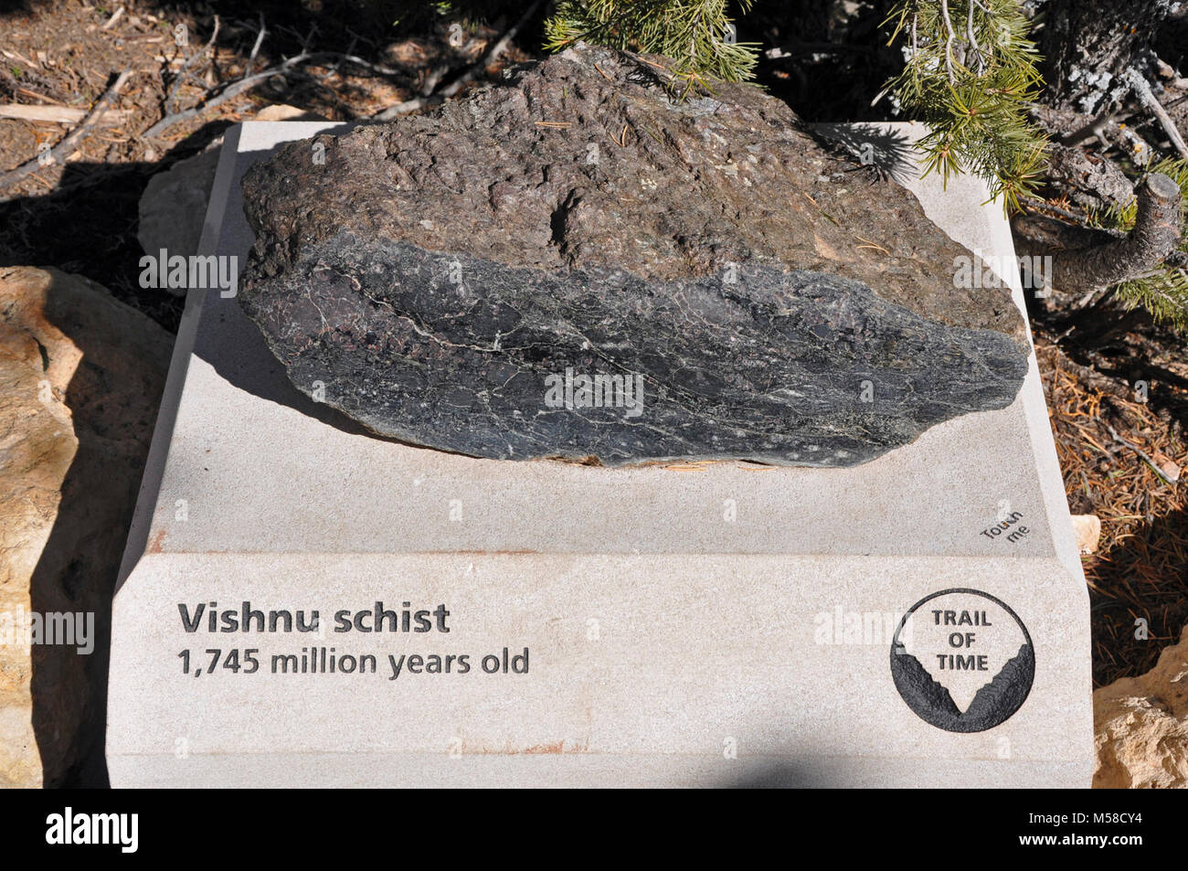 Grand Canyon Trail of Time   Vishnu schist   . The Trail of Time is an interpretive walking trail that focuses on Grand Canyon's vistas and rocks, encouraging visitors to ponder, explore, and understand the magnitude of geologic time and the stories told by canyon's rock layers and landscapes. Walking the trail is intended to give park visitors a visceral appreciation for the magnitude of geologic time... .. This 4.56 km (2.83 mile) long trail is actually a geologic time-line. Each meter on the trail signifies one million years of Grand Canyon's geologic history; and bronze markers mark one me Stock Photo