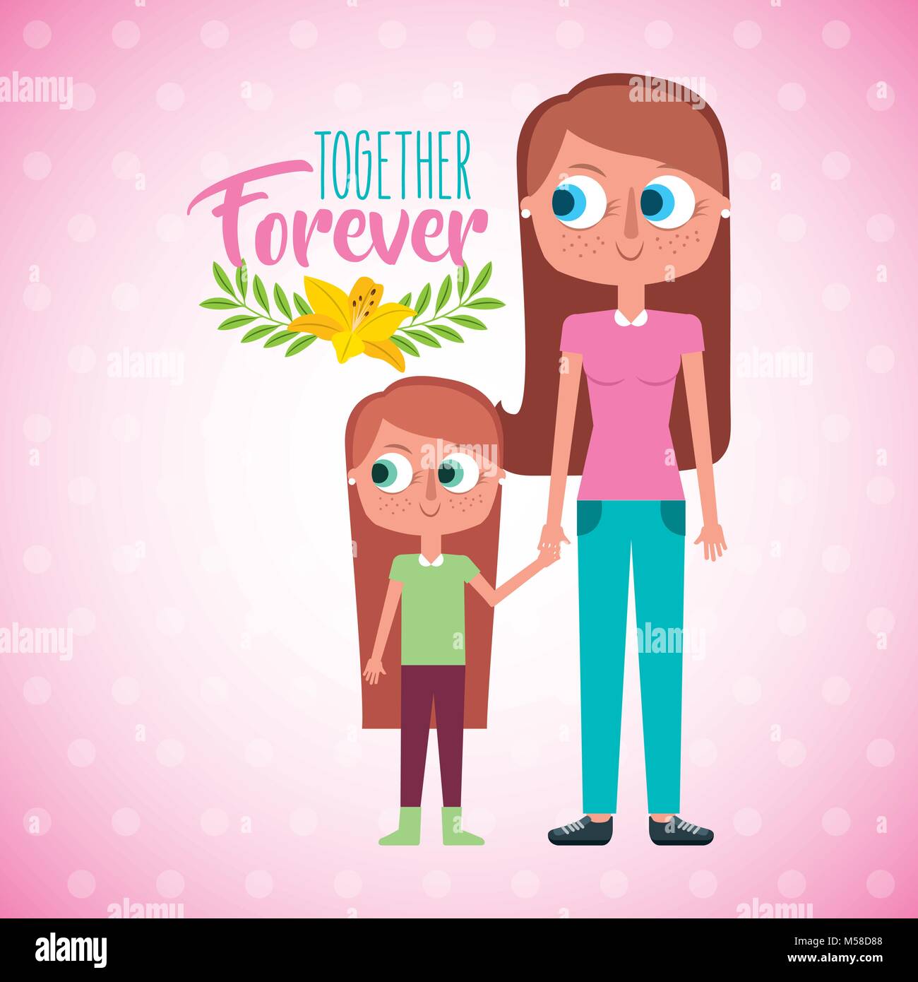 mother and daugther holds hand together forever card Stock Vector