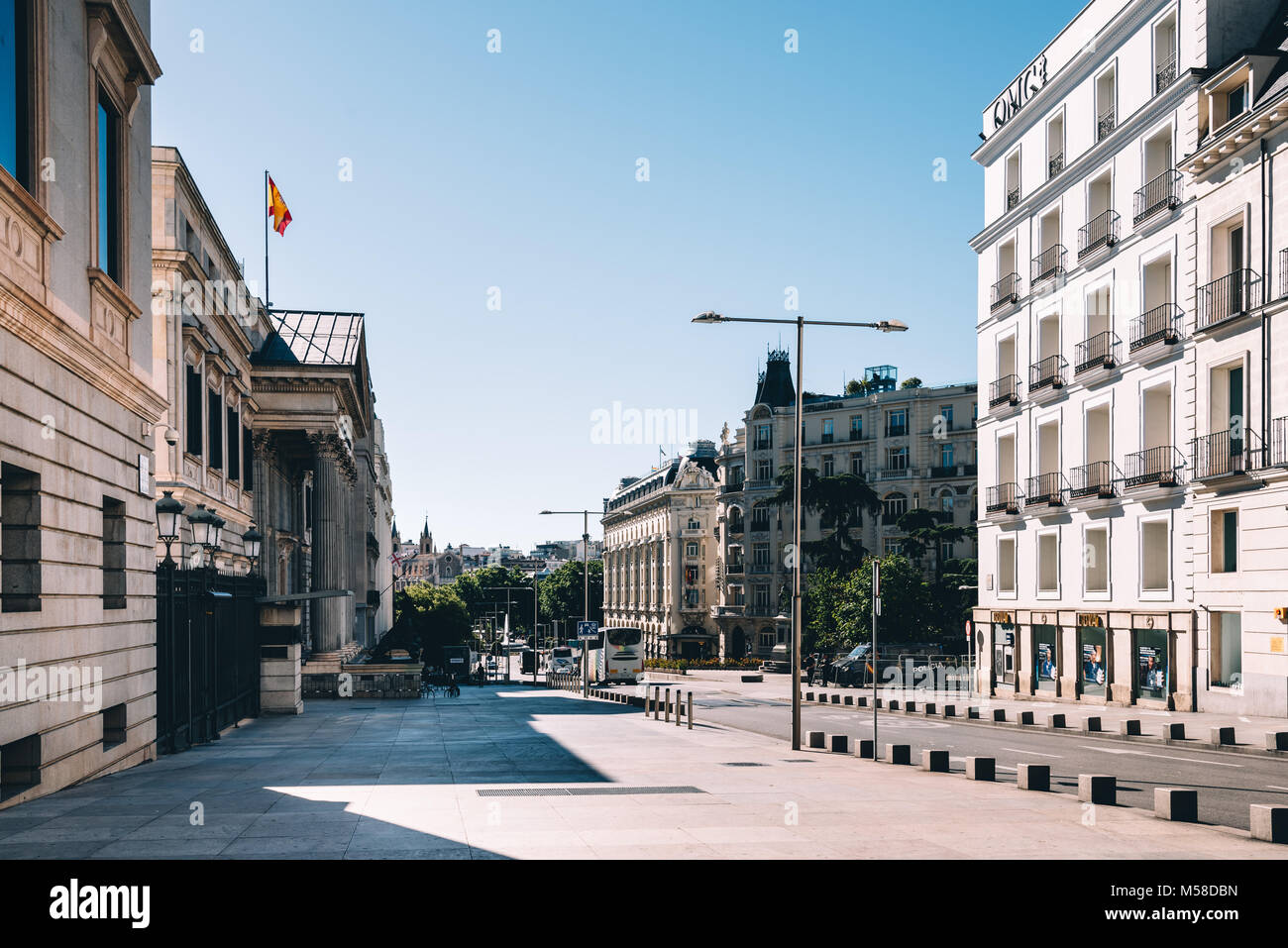Madrid, Spain - July 2, 2017: View of Spanish Parliament in the street of San Jeronimo in Madrid. Stock Photo