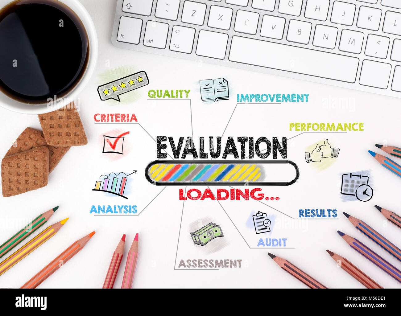 evaluation, Business concept. Chart with keywords and icons. White