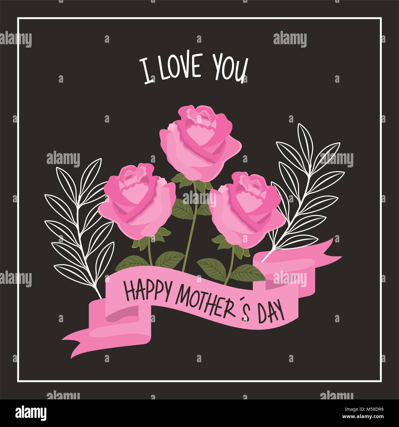 happy mothers day love you pink roses ribbon decoration black background Stock Vector