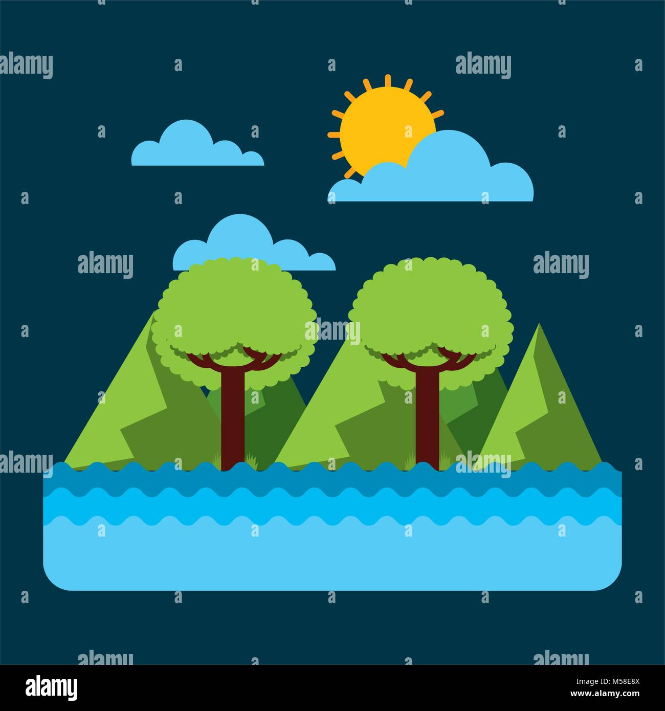 Green Landscape Tree Mountain Water Sky Stock Vector Image Art Alamy