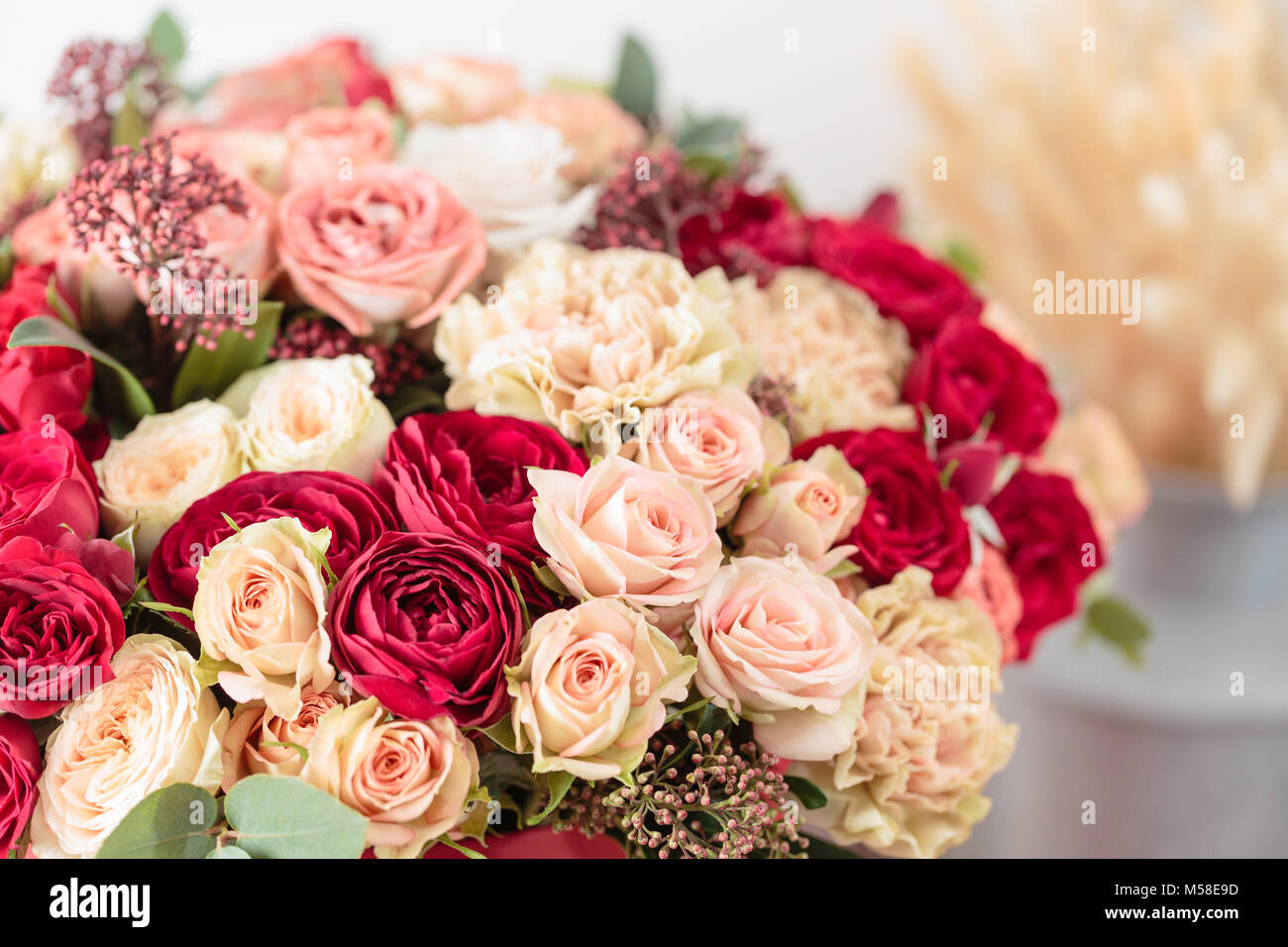 Beautiful Luxury Bouquet Of Mixed Flowers In Red Box The