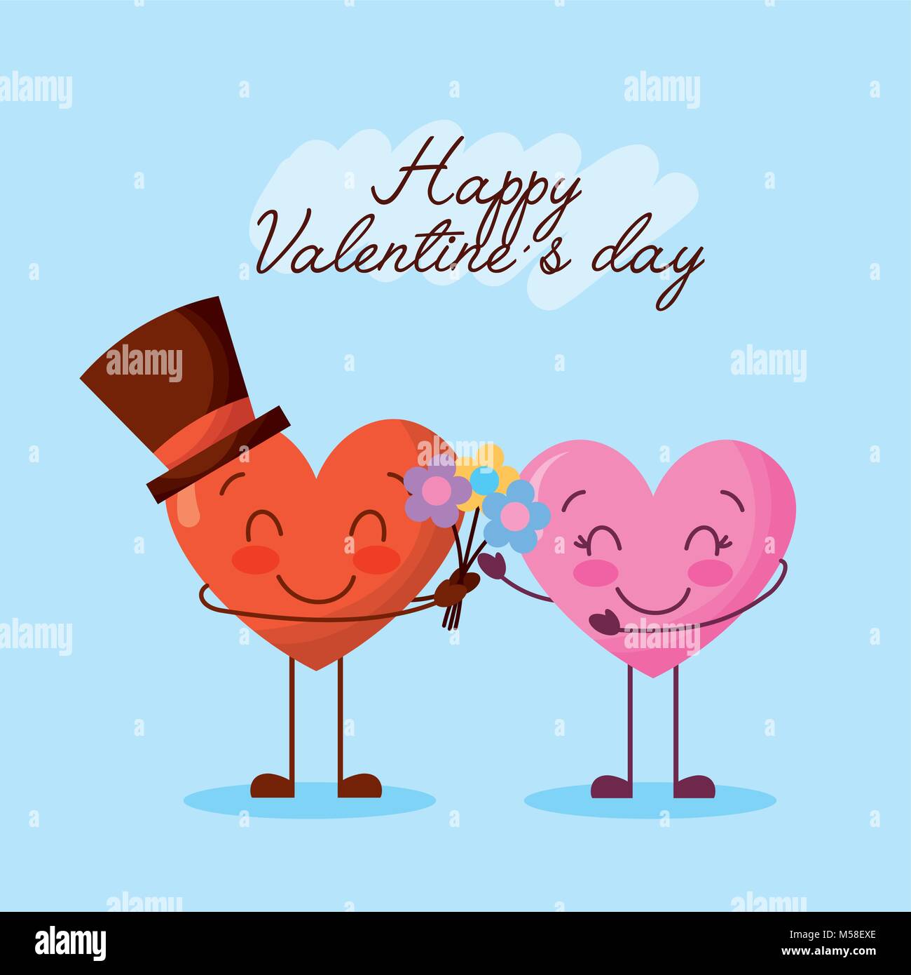 happy valentines day cute couple cartoon hearts with bouquet Stock ...