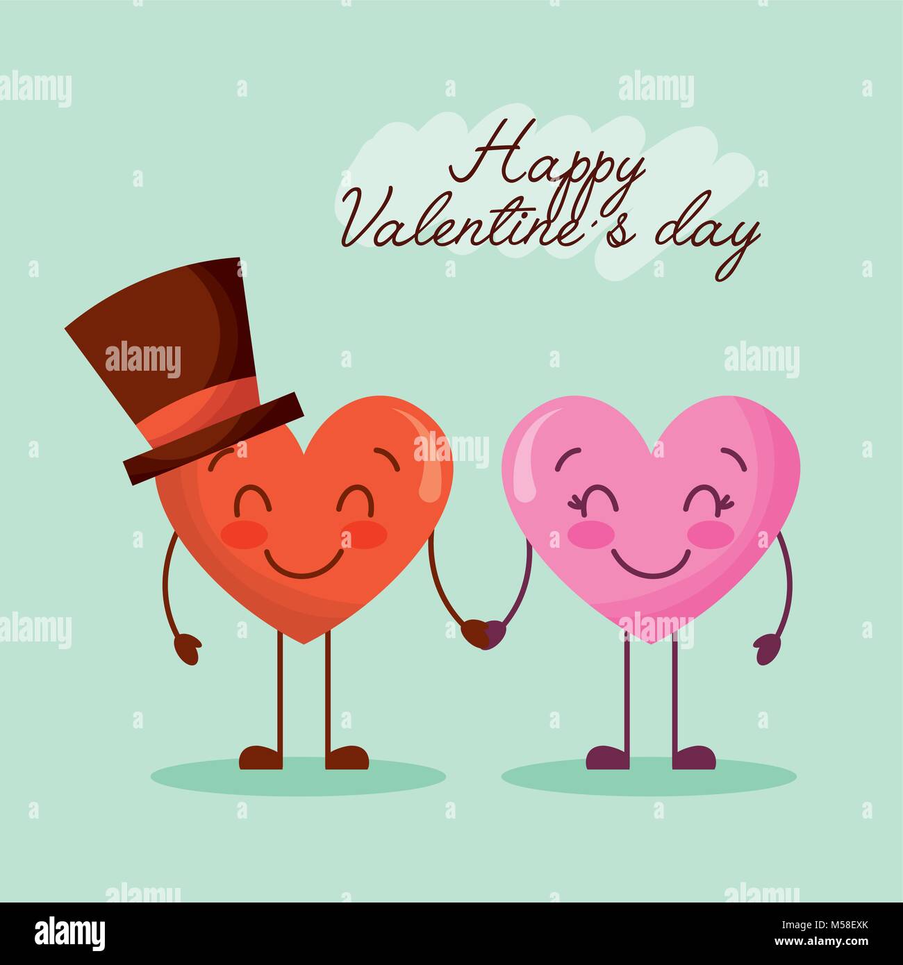 happy valentines day greeting card couple kawaii heart holding hands ...