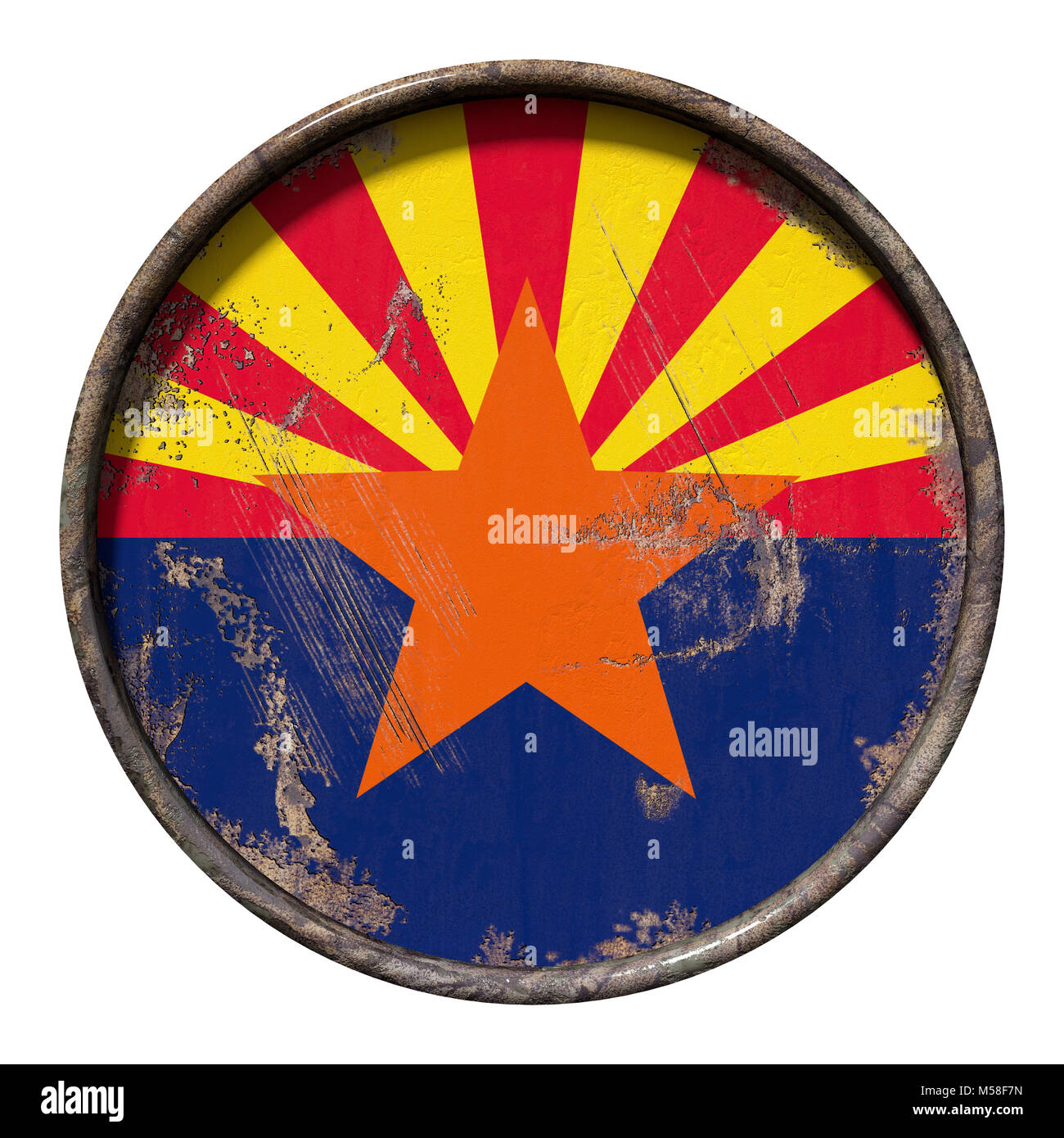 3d rendering of an Arizona State flag over a rusty metallic plate ...