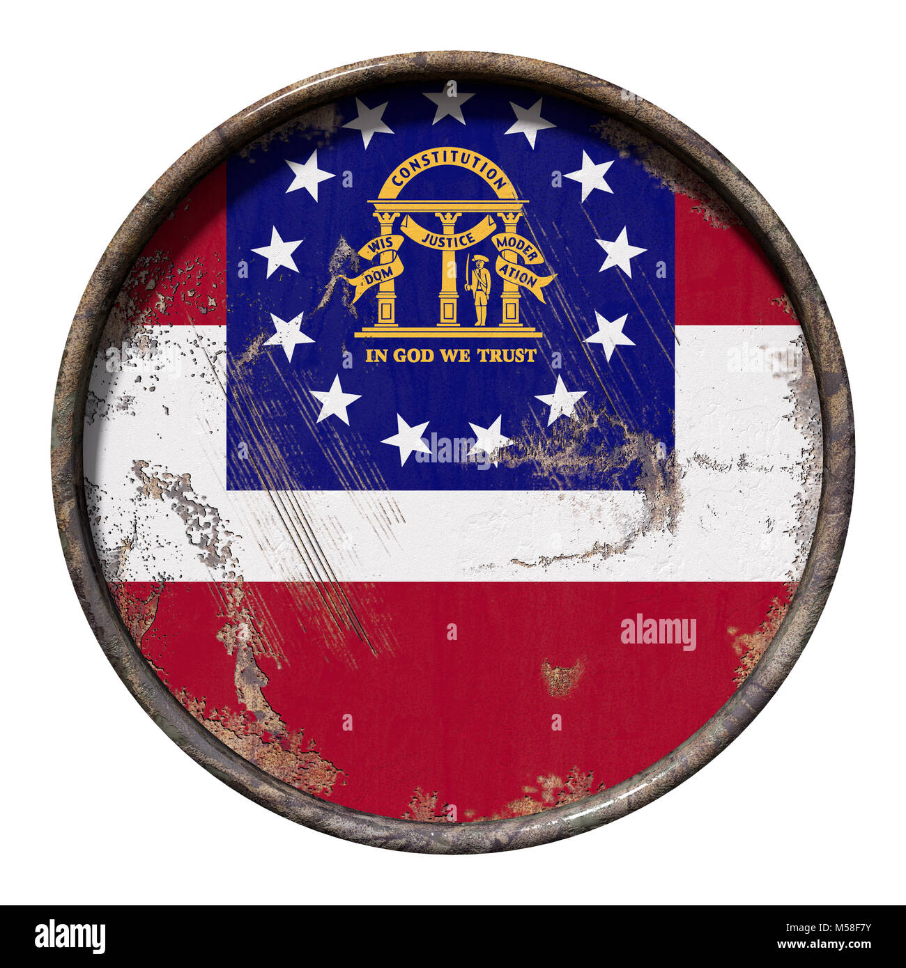 3d rendering of a Georgia State flag over a rusty metallic plate ...