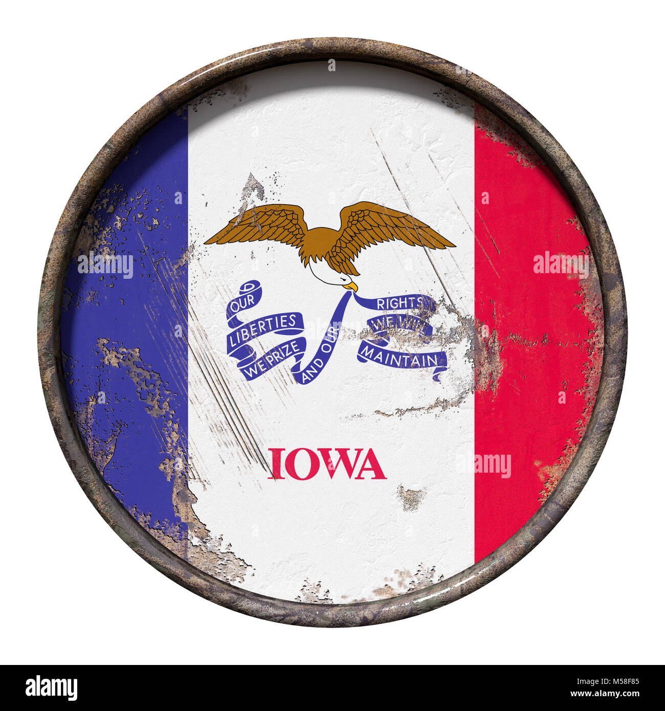 3d rendering of an Iowa State flag over a rusty metallic plate ...