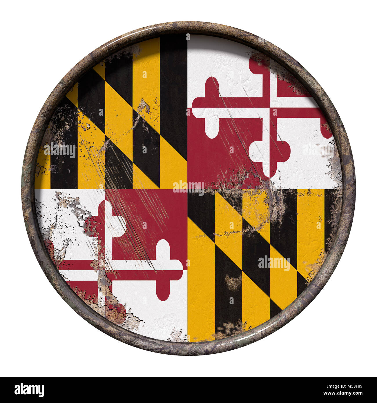 3d rendering of a Maryland State flag over a rusty metallic plate ...
