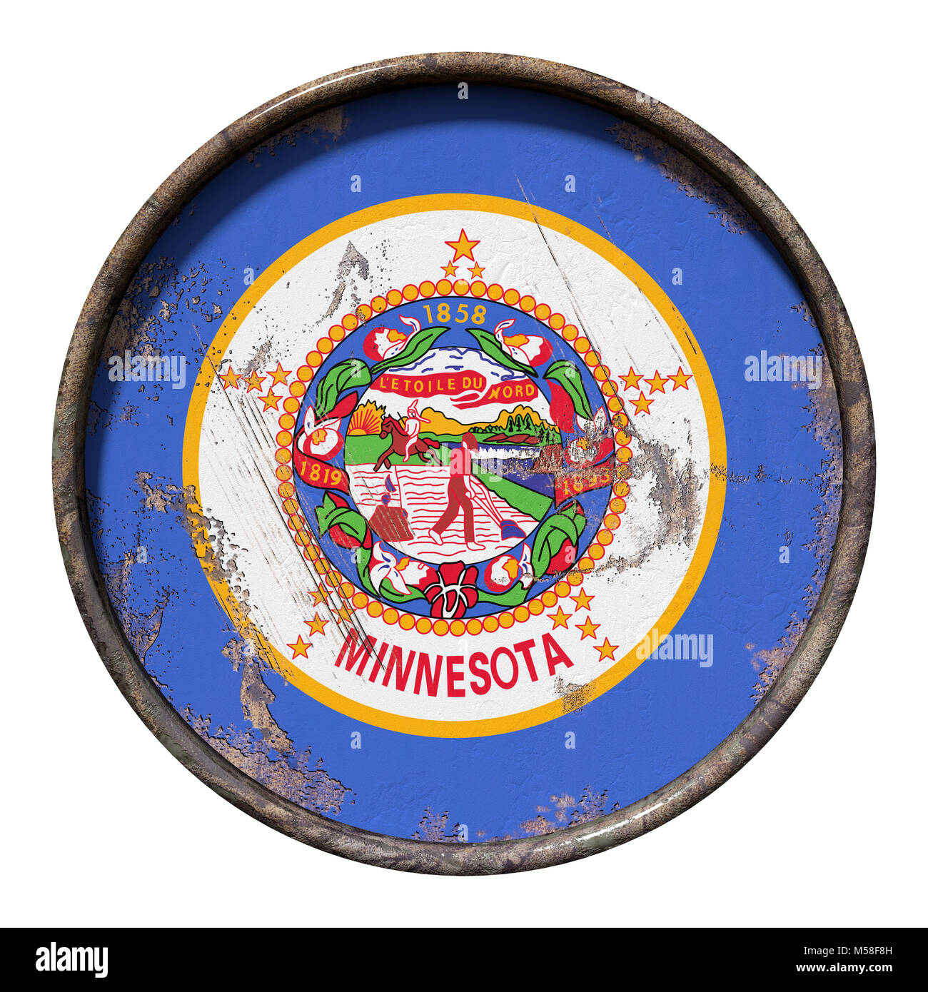 3d rendering of a Minnesota State flag over a rusty metallic plate ...