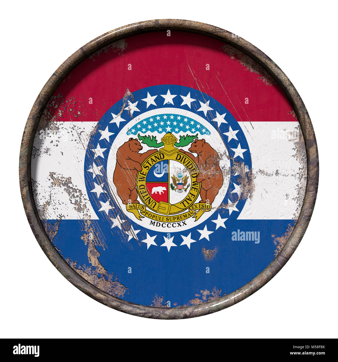 3d rendering of a Missouri State flag over a rusty metallic plate ...