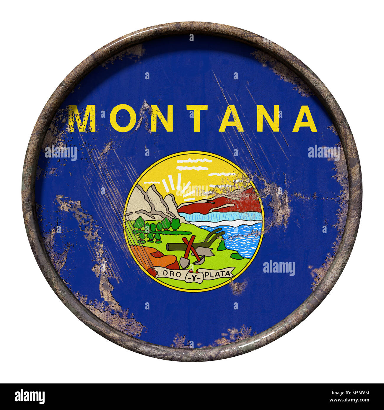 3d rendering of a Montana State flag over a rusty metallic plate ...