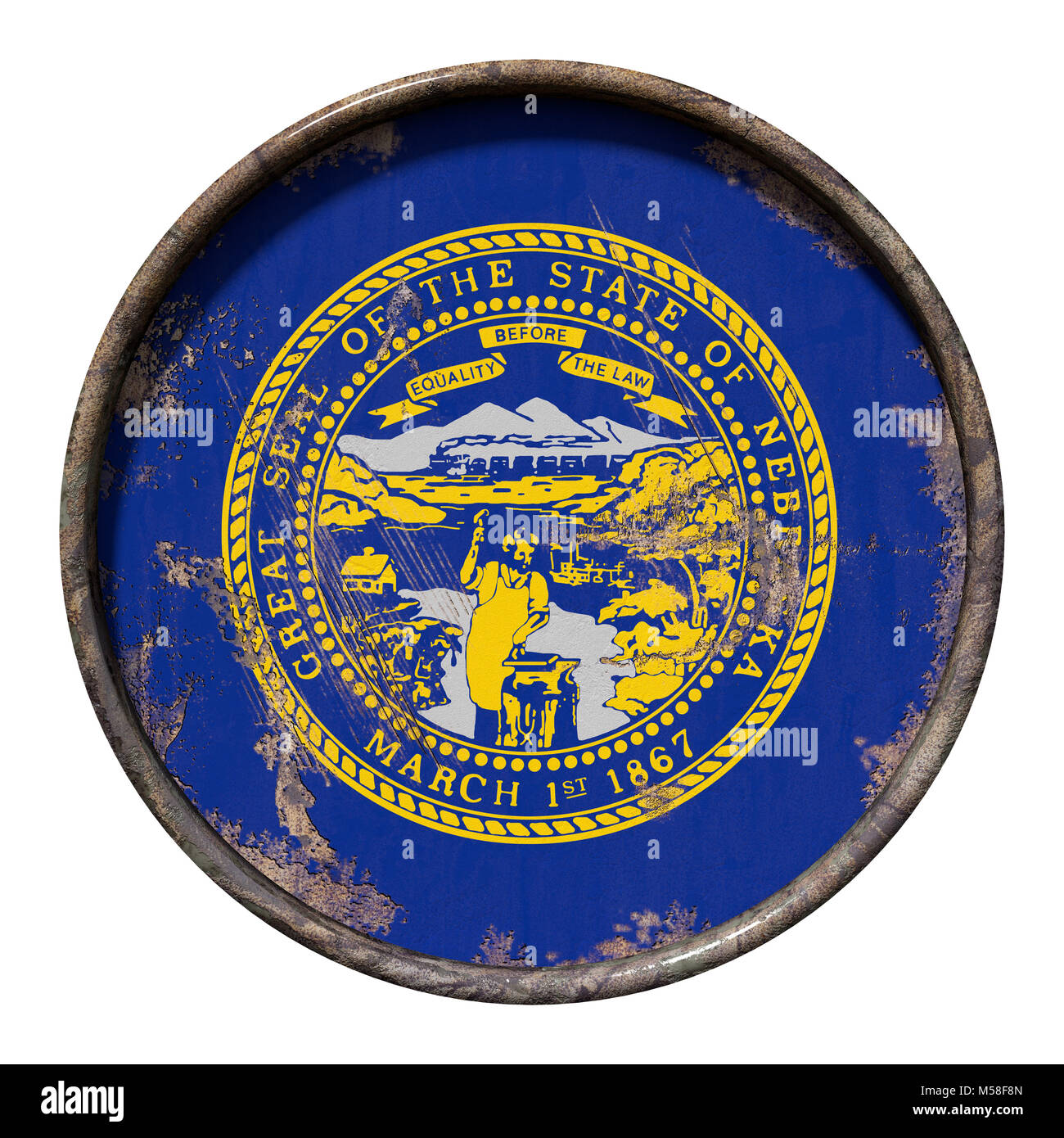 3d rendering of a Nebraska State flag over a rusty metallic plate ...