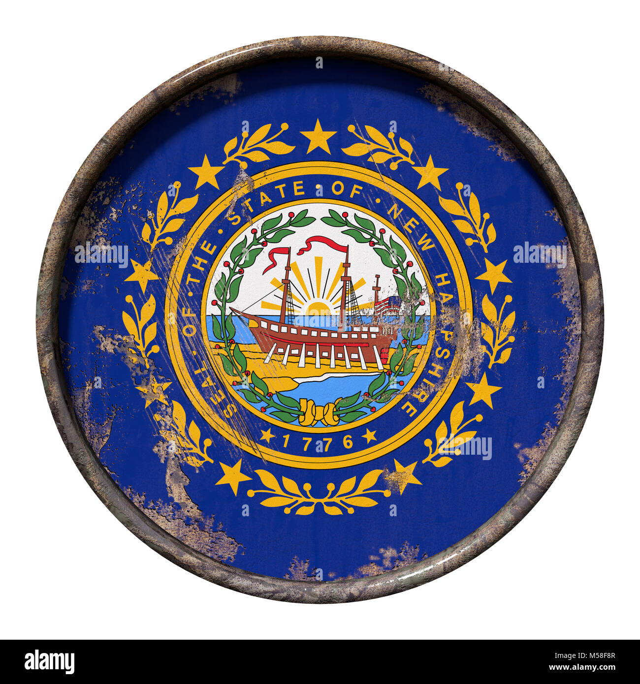 3d rendering of a New Hampshire State flag over a rusty metallic plate ...