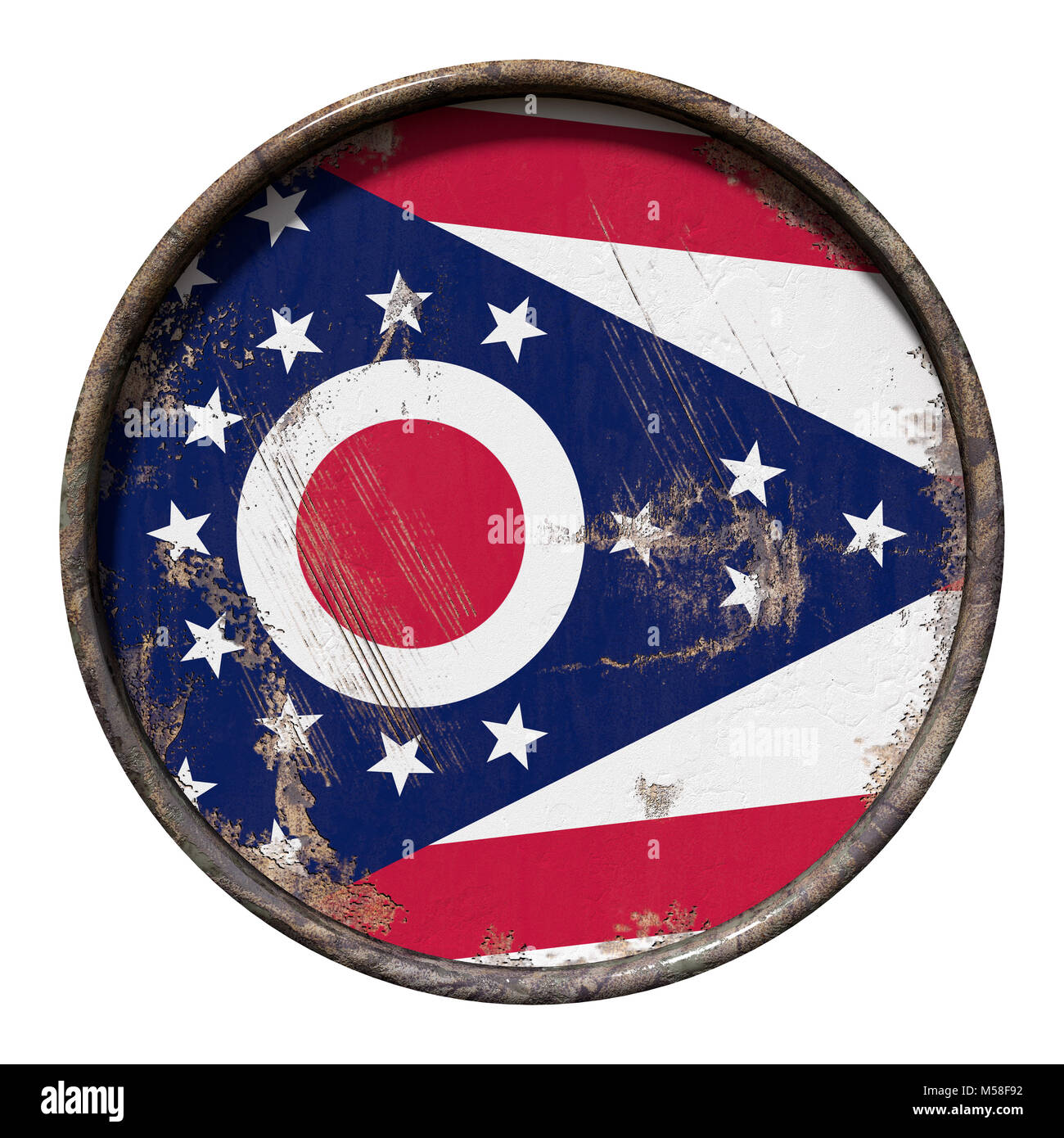 3d rendering of an Ohio State flag over a rusty metallic plate ...