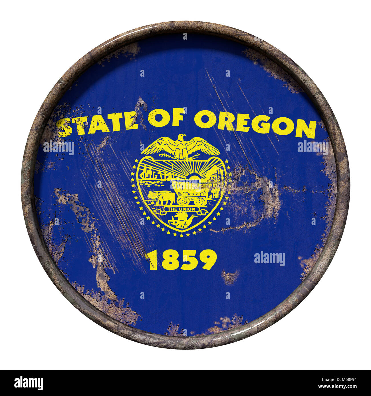 3d rendering of an Oregon State flag over a rusty metallic plate ...