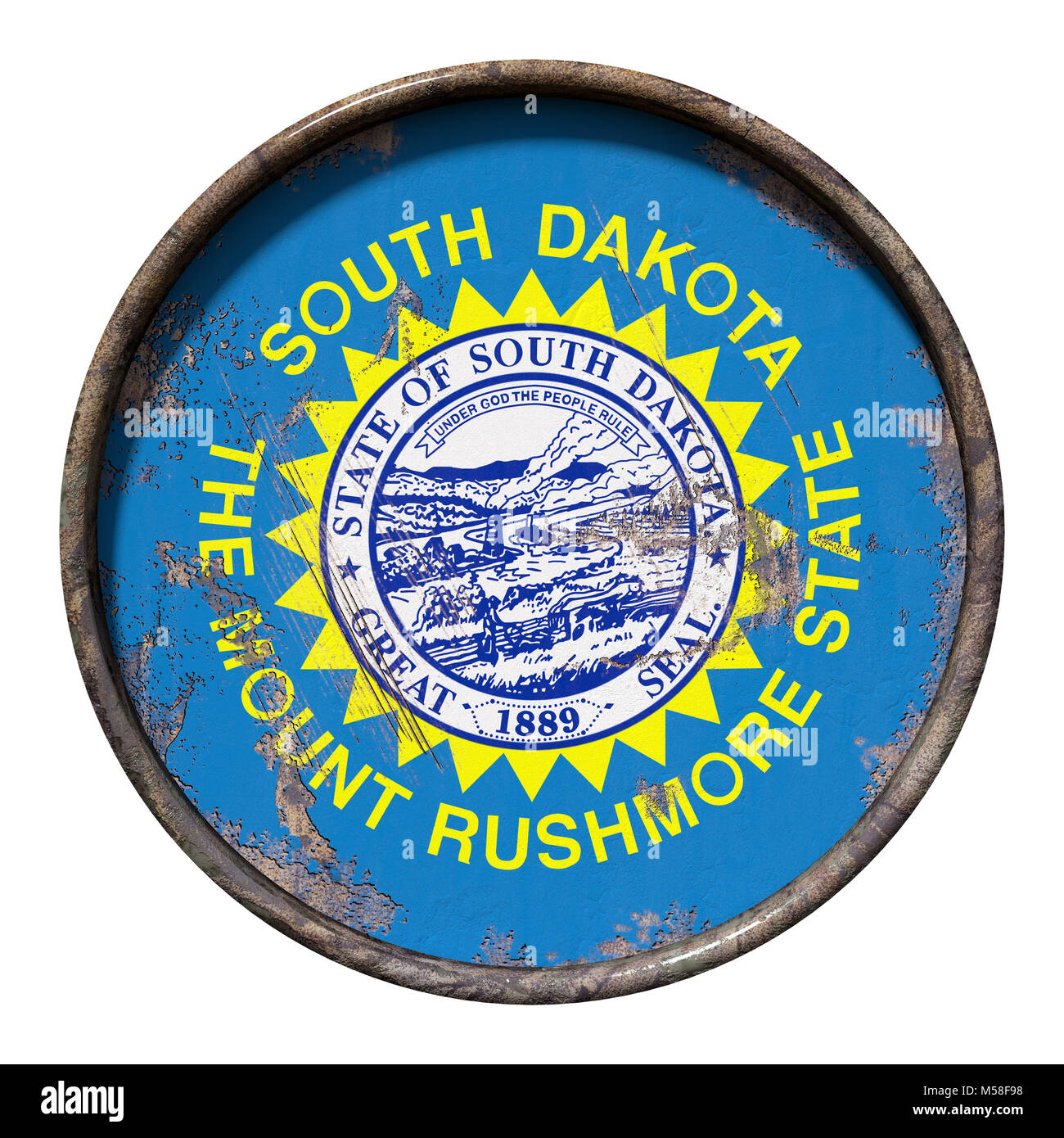 3d rendering of a South Dakota State flag over a rusty metallic plate ...