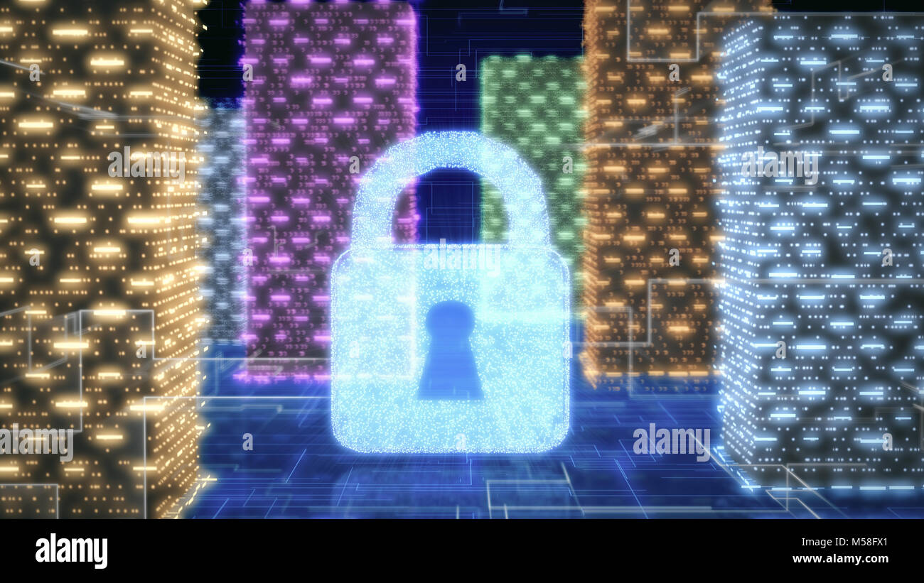 abstract buildings with a padlock at the center, concept of computer network security (3d render) Stock Photo