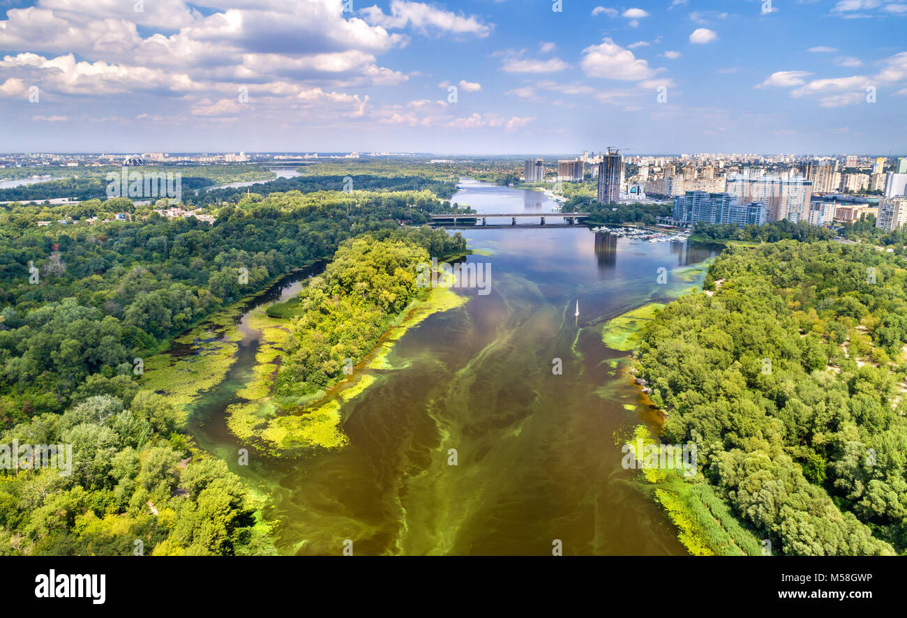 Aerial view of the Dnieper river in Kyiv, Ukraine Stock Photo