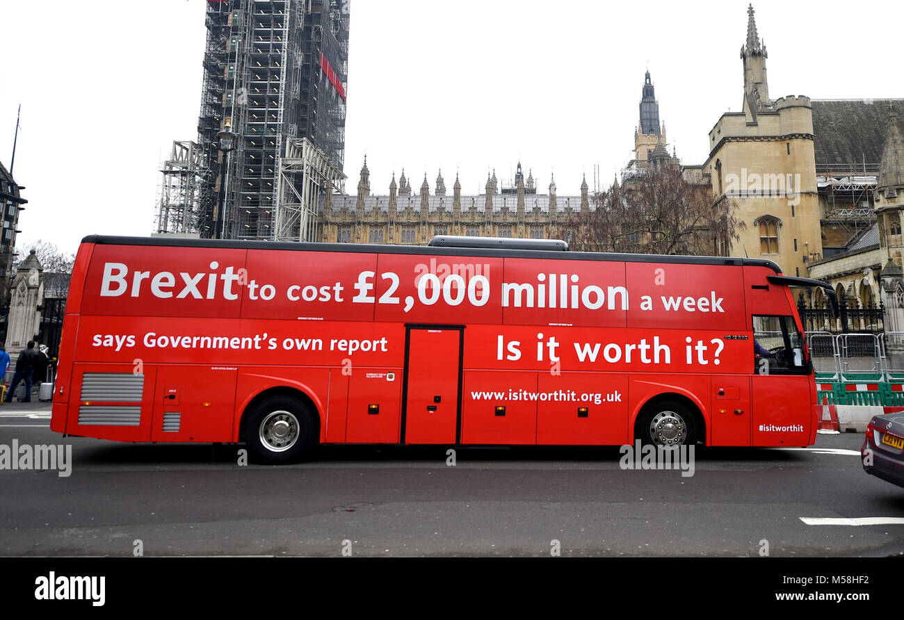 The Brexit 'Facts Bus' in Parliament Square, London, before it starts a national 8 day tour. Stock Photo