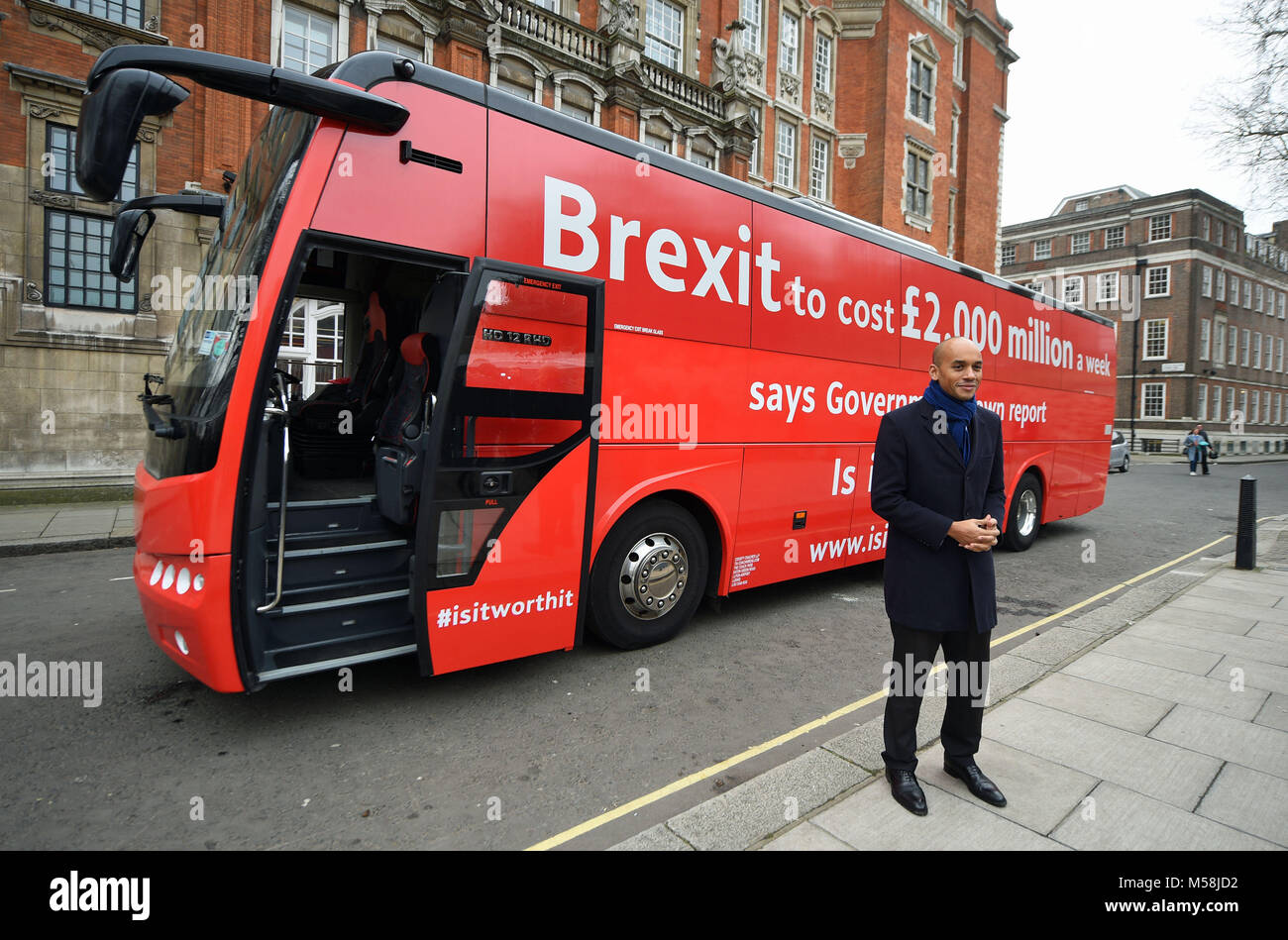 Labour's Chuka Umunna at the launch of the Brexit 'Facts Bus' in Great College Street, London, before it starts a national 8 day tour. Stock Photo