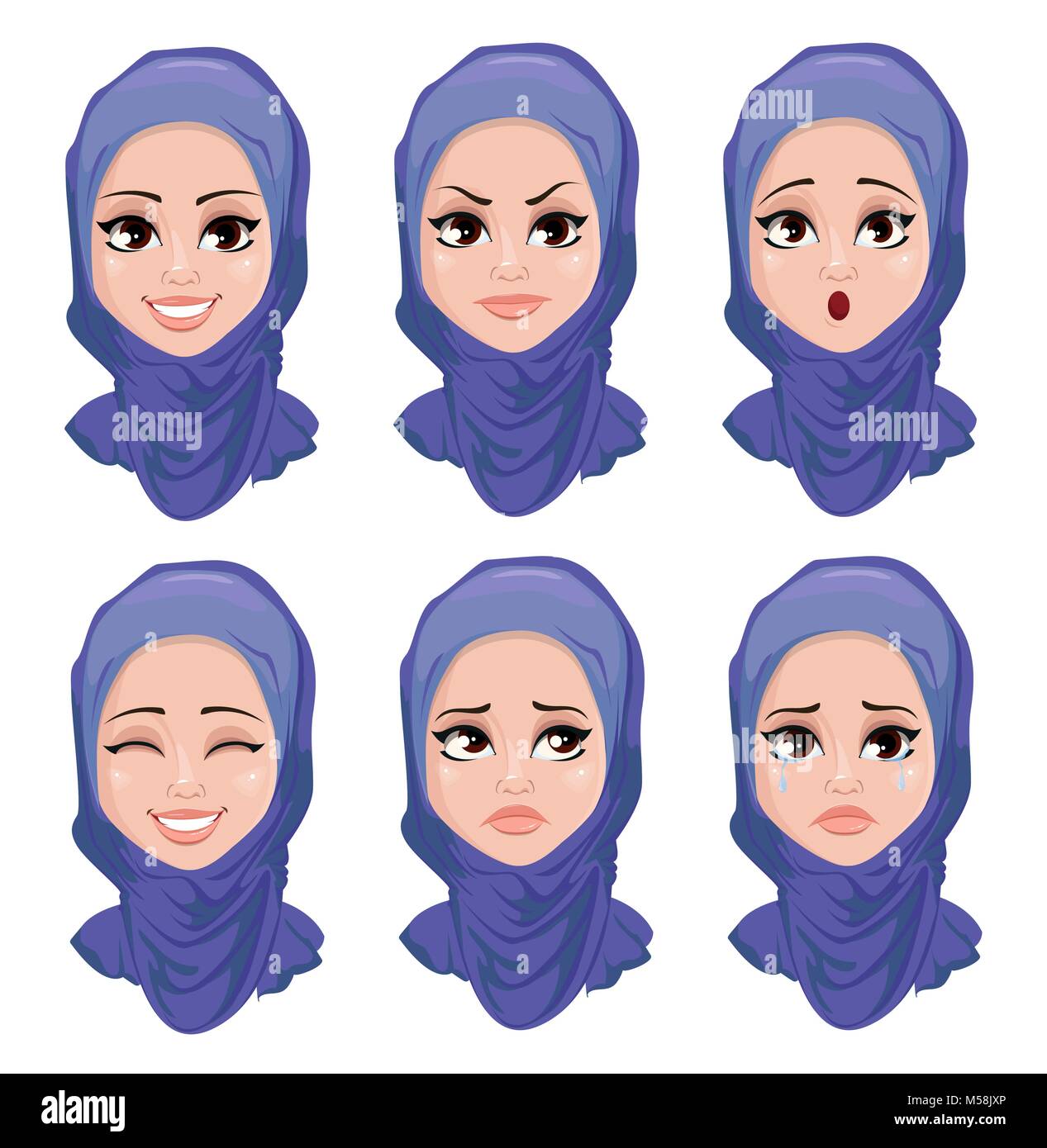 Set of face expressions of Arabic woman. Female emotions. Attractive cartoon character. Vector illustration isolated on white background. Stock Vector