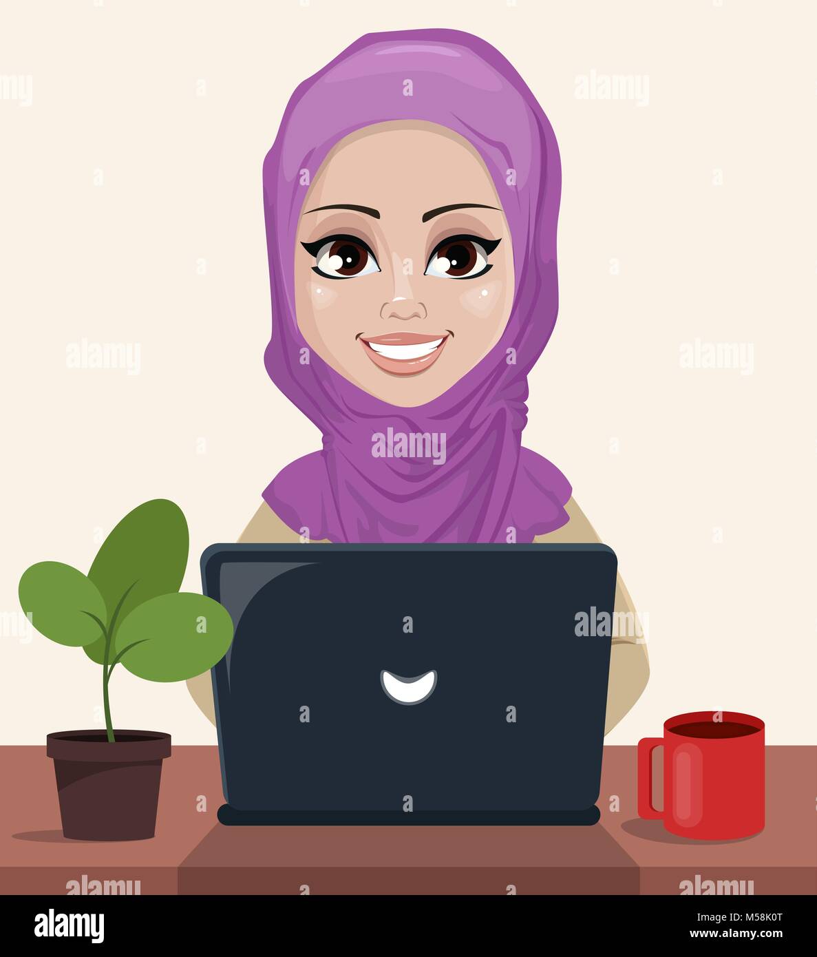 Arabic business woman working on a laptop computer at her office desk. Cute cartoon character. Vector illustration. Stock Vector