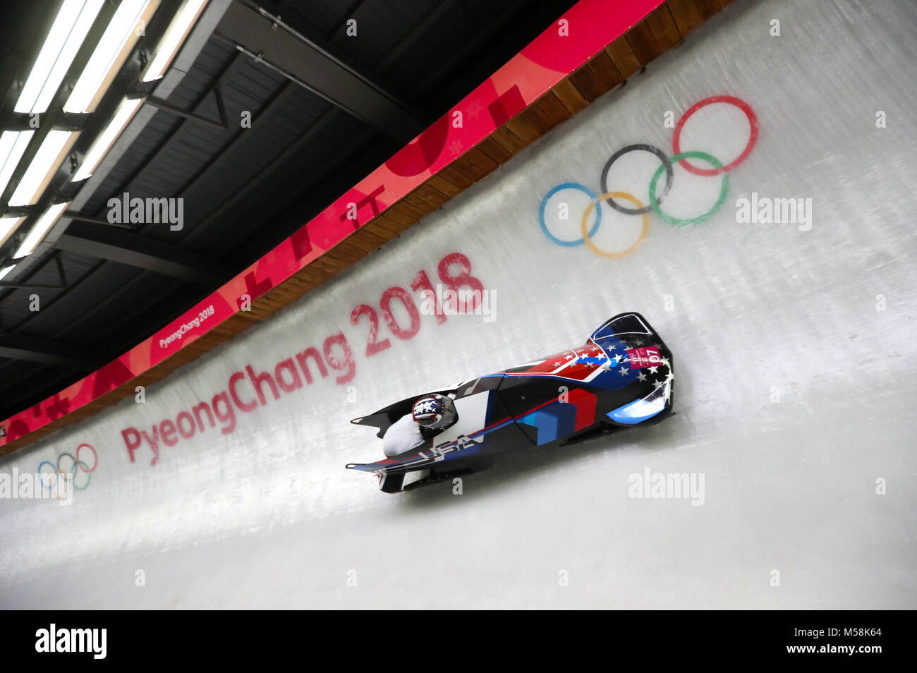 USA's Jamie Greubel Poser (pilot) and Aja Evans compete in the Two Woman Bobsleigh Heat 3 at the Olympic Sliding Centre during day twelve of the PyeongChang 2018 Winter Olympic Games in South Korea. Stock Photo