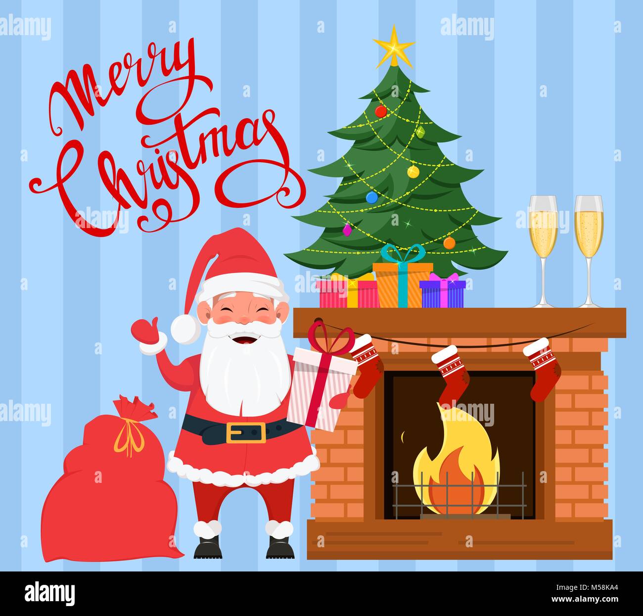 Santa Claus holding gift box and standing near fireplace with miniature ...