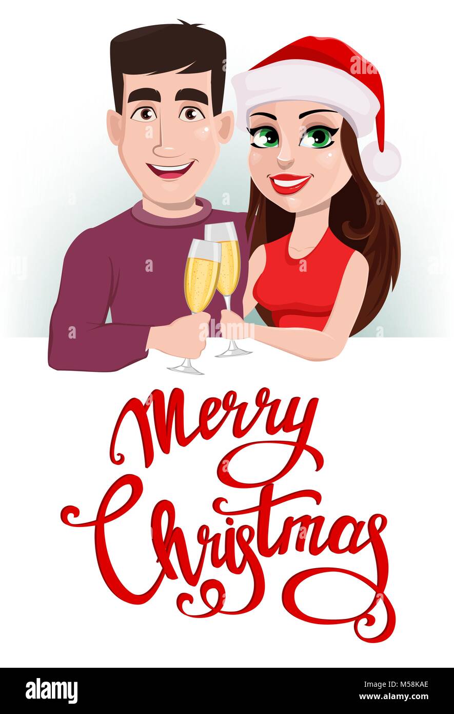 Merry Christmas greeting card with cute young couple and handwritten ...