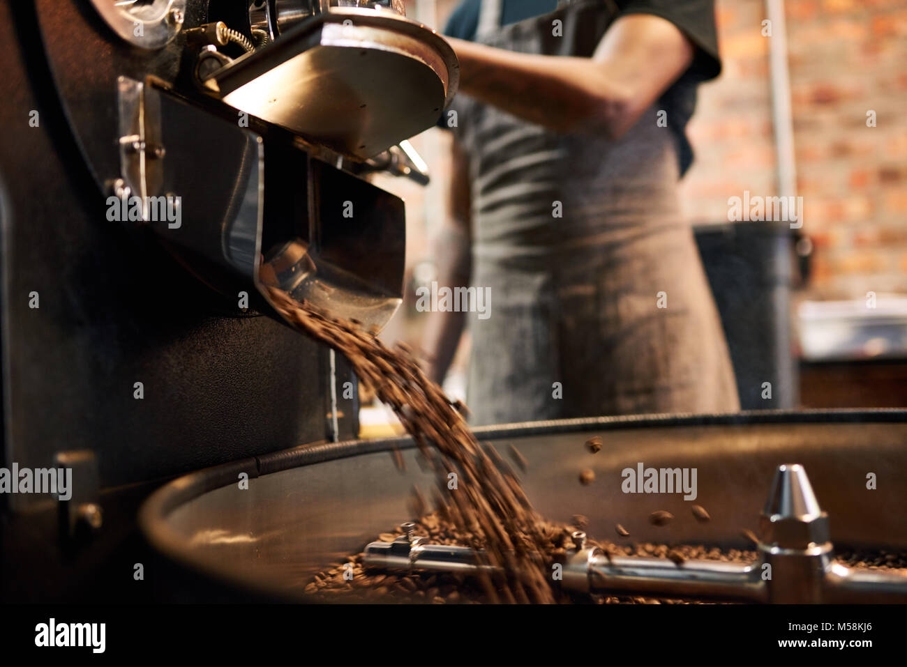 African man wearing an apron busy pouring coffee beans from the coffee roasting machine over to the tray that stirs the beans until they are cool enou Stock Photo