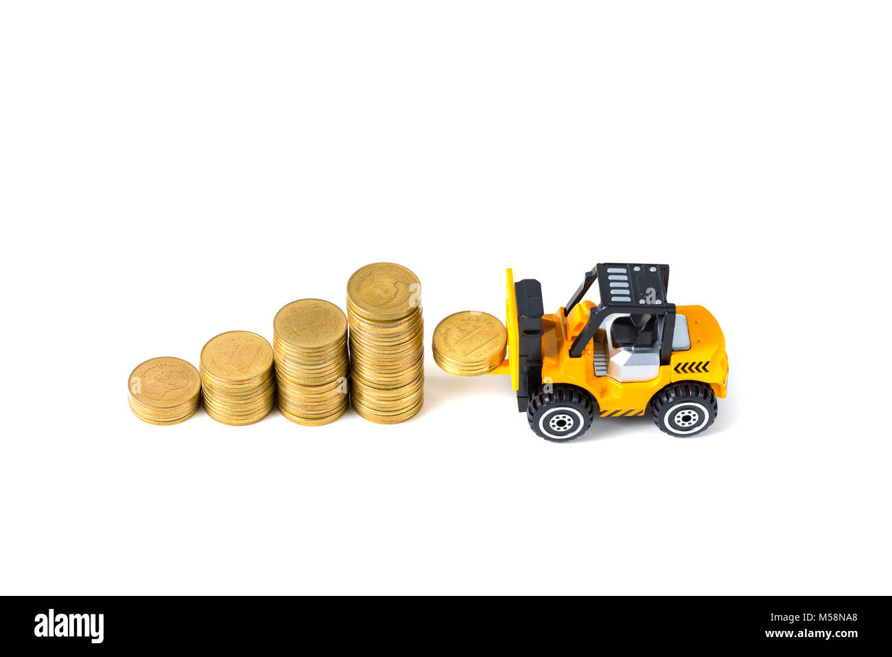 Loading Coin Mini forklift truck loading stack coin with steps of gold coin ...